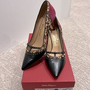 Salvatore Ferragamo Liena Studded Calf-Hair Leopard Pump- size 8.5